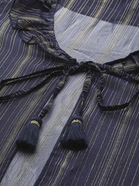 Antheaa Women Navy Blue Solid Longline Tie-Up Shrug
