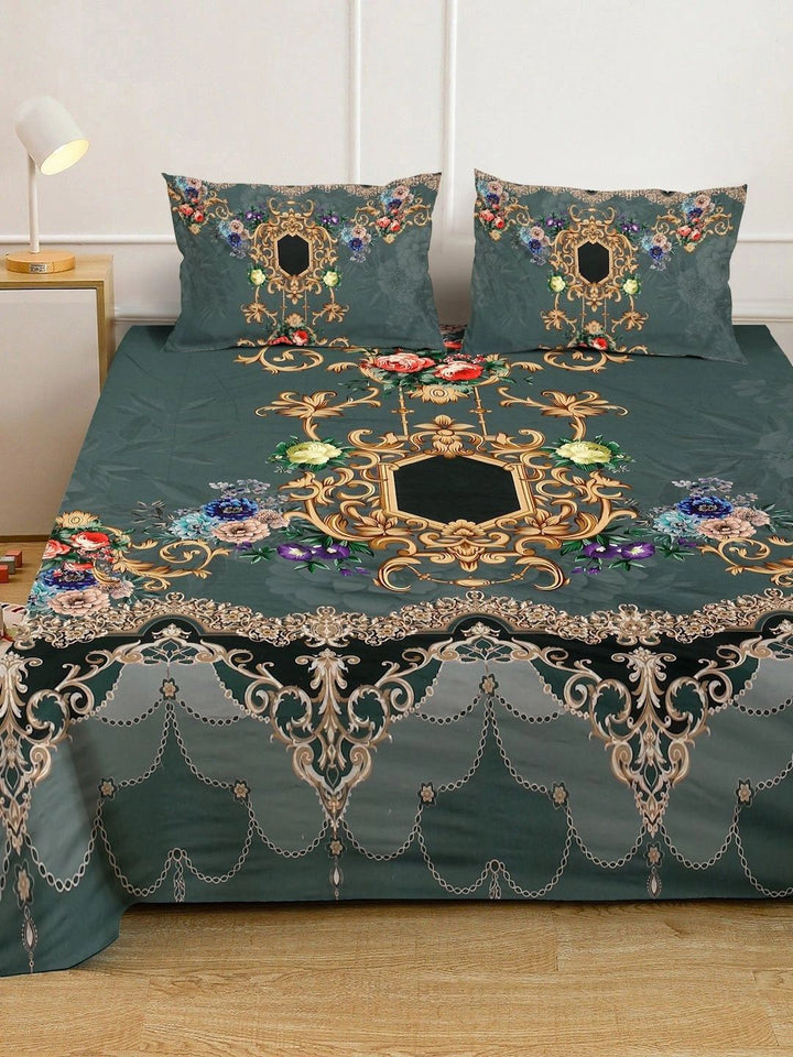 Moda Rapido X KLOTTHE Green & Gold-Toned Ethnic Motifs 400 TC King Bedsheet with 2 Pillow Covers
