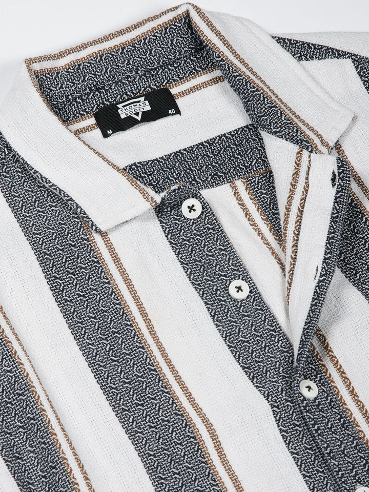Thomas Scott Men Premium Spread Collar Vertical Striped Cotton Slim Fit Casual Shirt