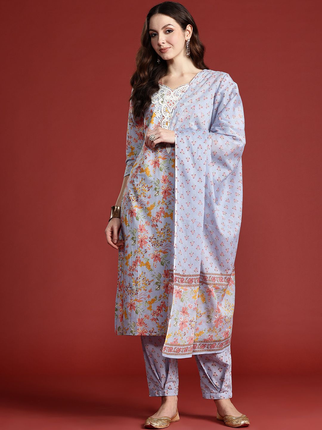 Indo Era Floral Printed Pure Cotton Kurta with Salwar & With Dupatta