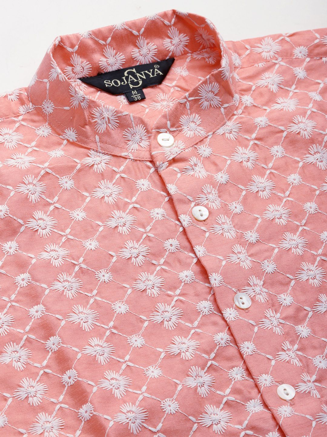 SOJANYA Lelaki Motif Etnik Merah Jambu Bersulam Benang Kerja Kurta dengan Churidar