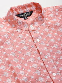 SOJANYA Lelaki Motif Etnik Merah Jambu Bersulam Benang Kerja Kurta dengan Churidar