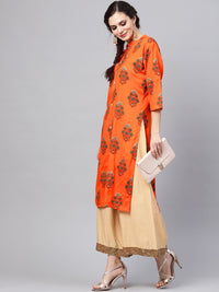 SOJANYA Kurta Lurus Bercetak Oren & Hijau Wanita