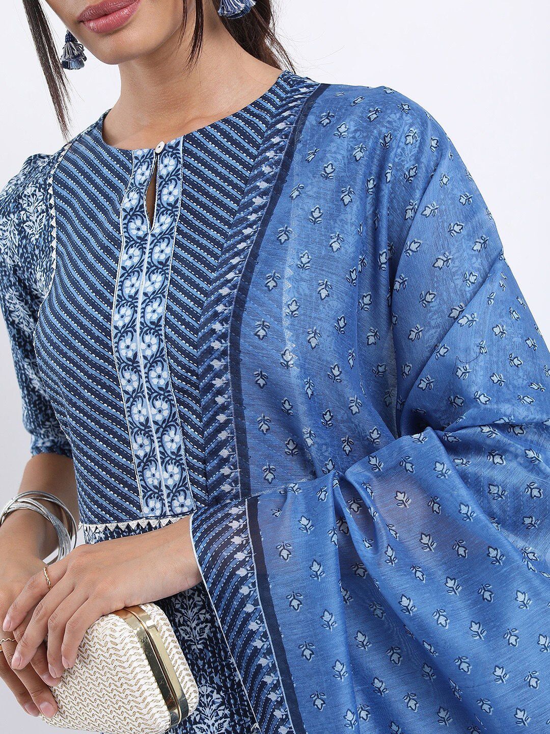Vishudh Blue Ethnic Motifs Printed Straight Kurta with Trousers With Dupatta