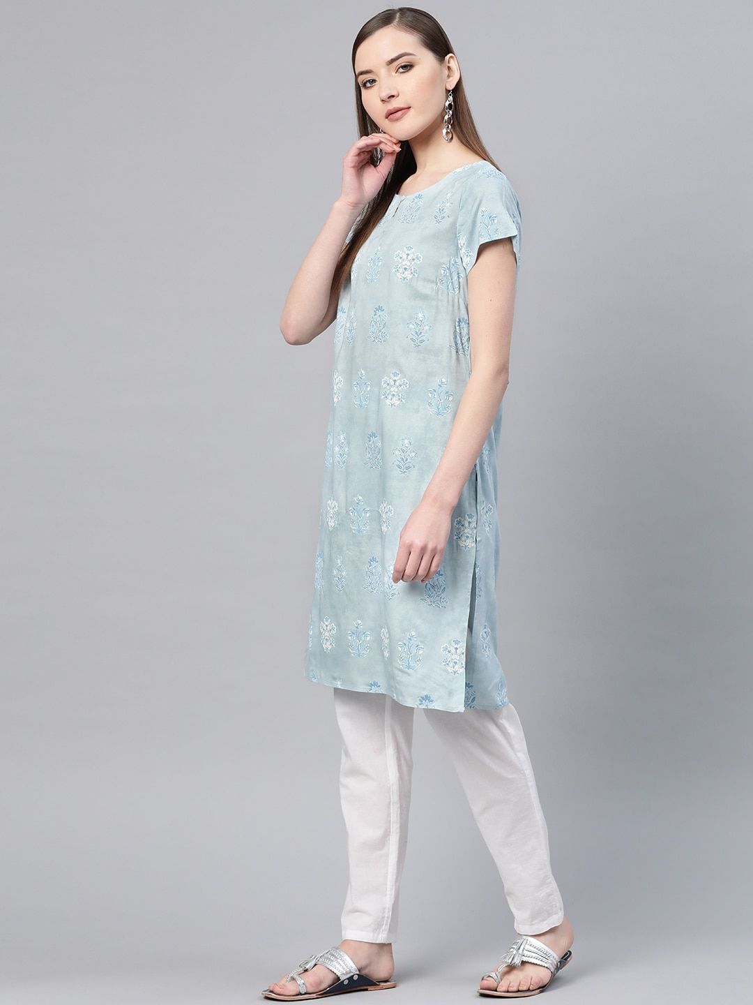 W Women Blue Printed Straight Kurta