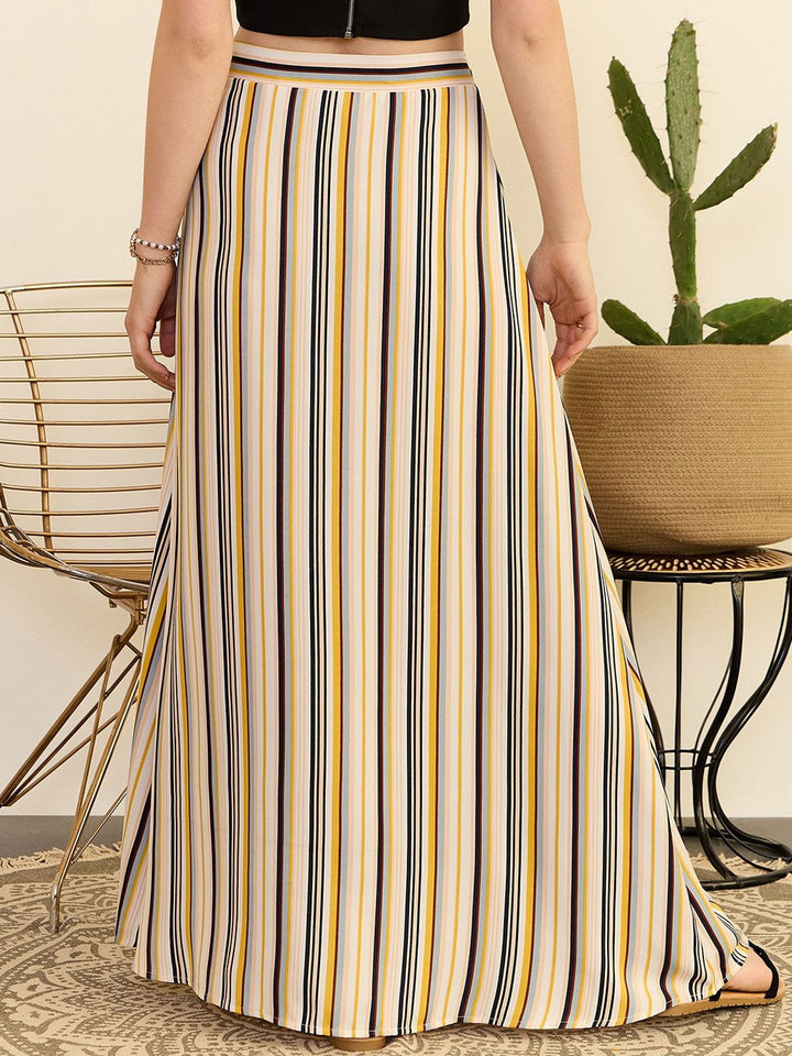 Berrylush Beige Striped High Rise Slit Flared Maxi Skirt