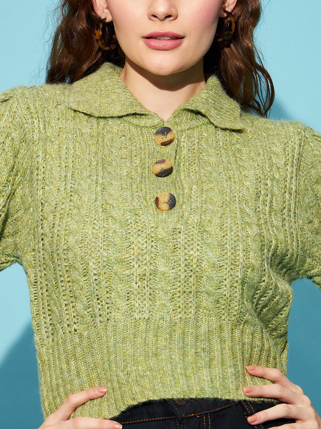STREET 9 Green Cable Knit Spread Collar Acrylic Crop Pullover Sweater