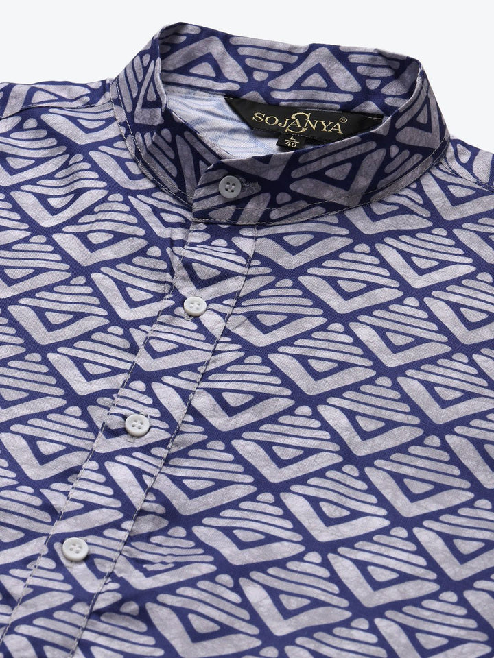 SOJANYA Men Off-White & Blue Cotton Geometric Printed Straight Kurta
