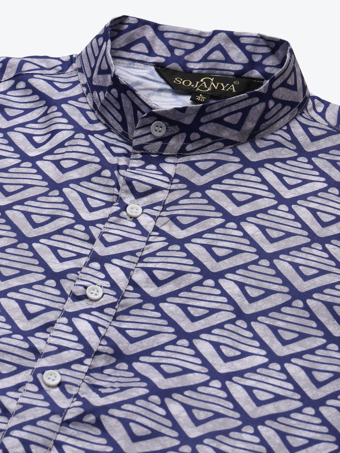 SOJANYA Men Off-White & Blue Cotton Geometric Printed Straight Kurta