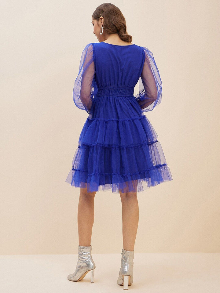 Antheaa Blue Puff Sleeve Net Fit & Flare Dress