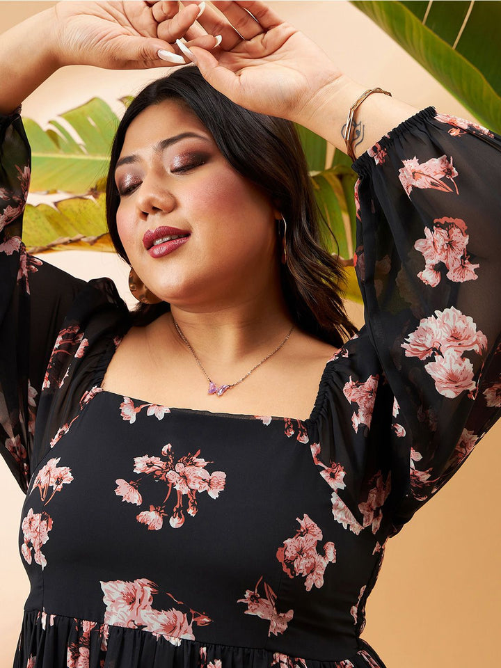 SASSAFRAS Curve Plus Size Black Floral Printed Puff Sleeves Smocked Fit & Flare Dress