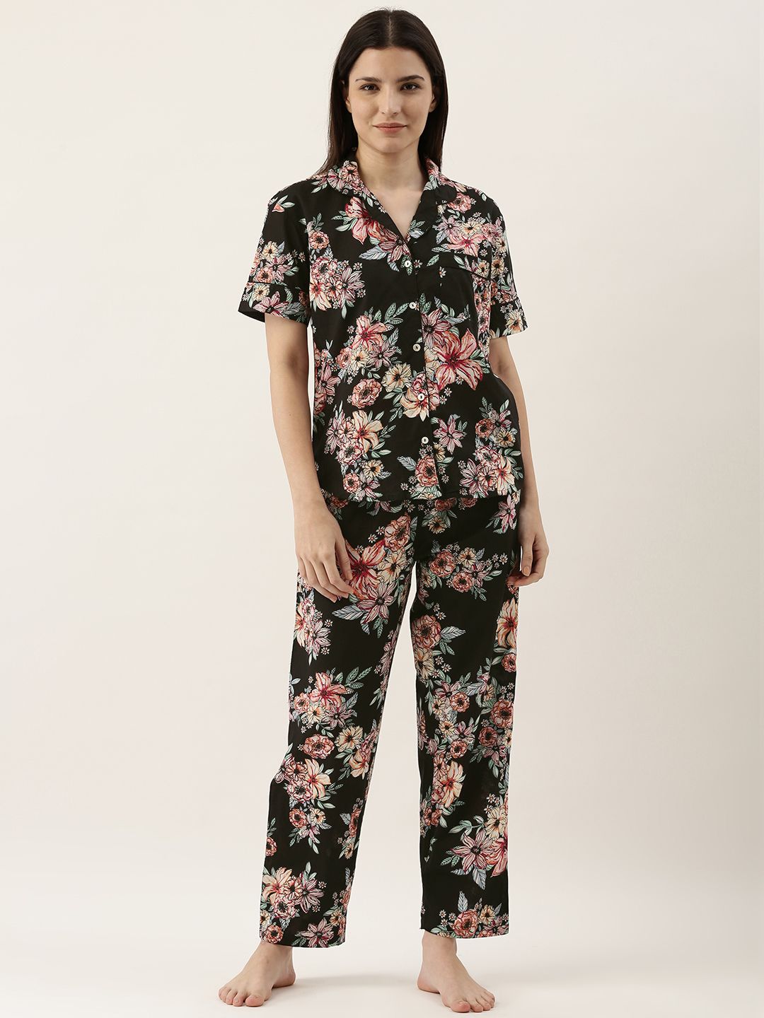 SANSKRUTIHOMES Women Black Pure Cotton Floral Print Pyjama Set