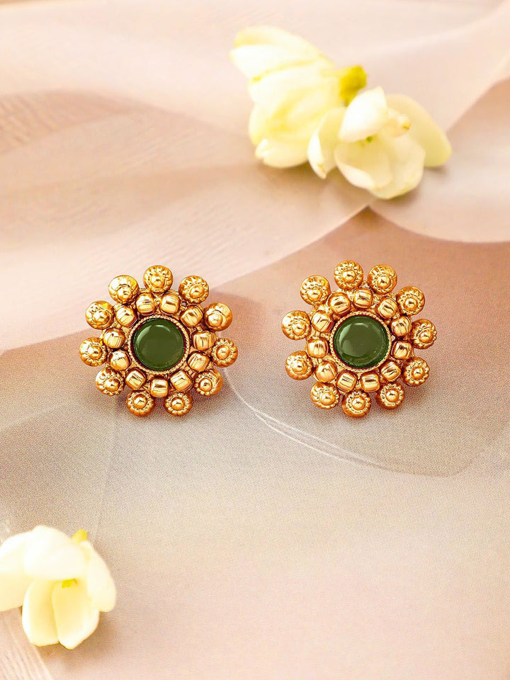 Rubans 22K Gold-Plated Emerald Studded Traditional Choker Necklace Set with Gold Beads