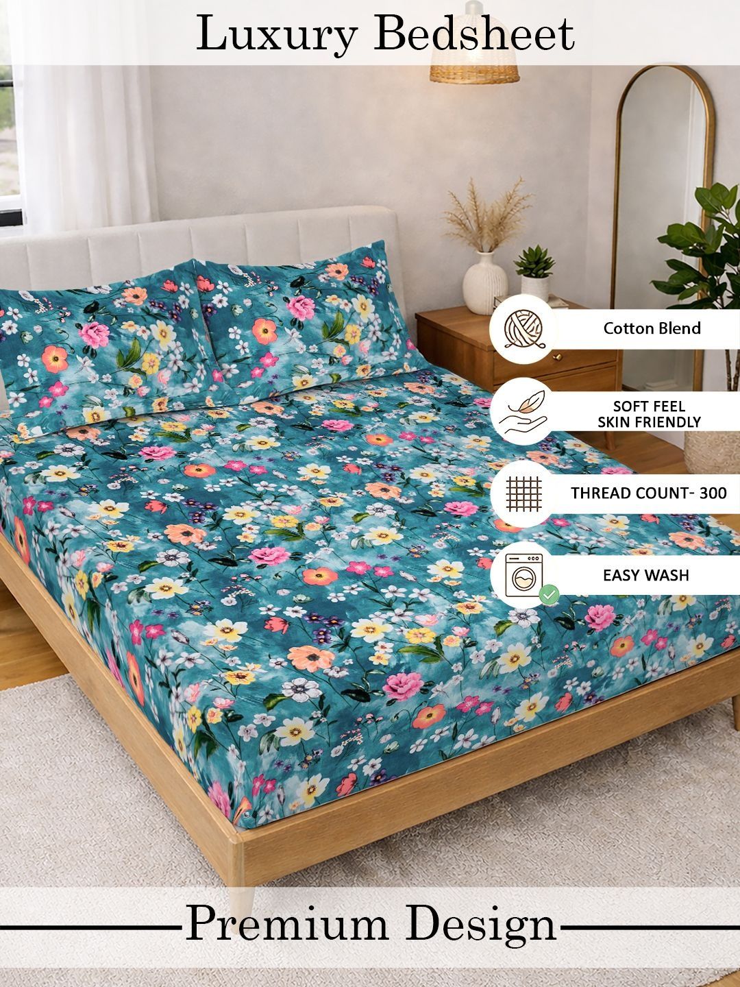 Myntra Elegant Homes Blue Floral 300 TC King Double Bedsheet with 2 Pillow Covers