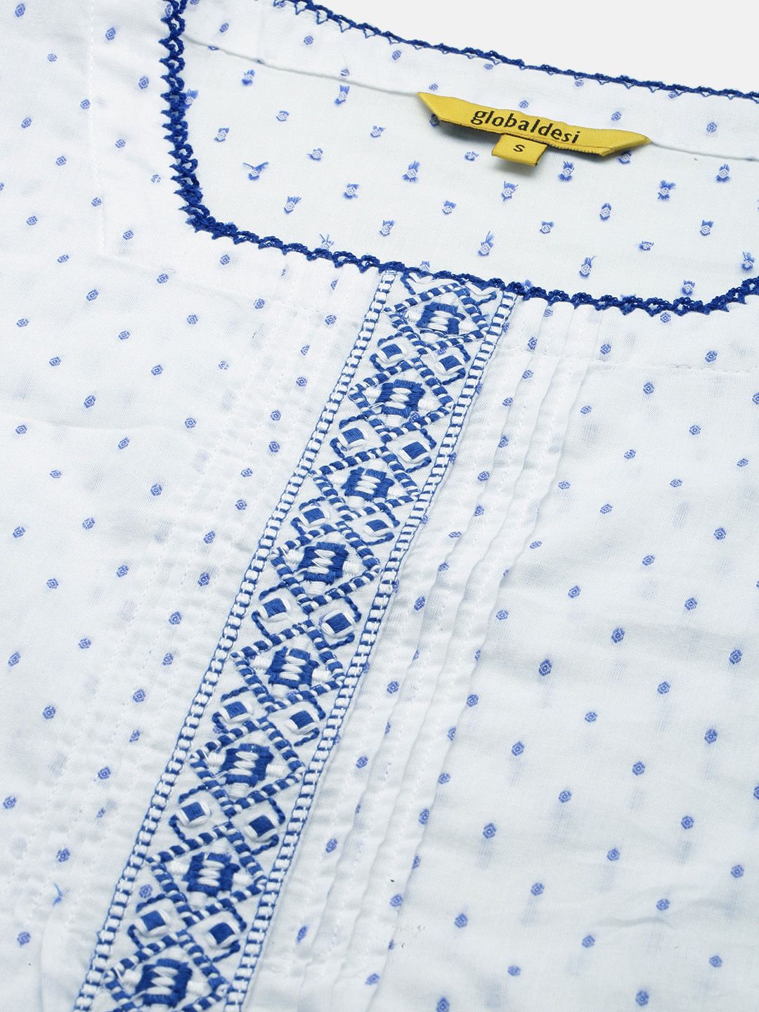 Global Desi White & Blue Embroidered Sqaure Neck Pleated Blouson Top
