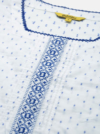 Global Desi White & Blue Embroidered Sqaure Neck Pleated Blouson Top