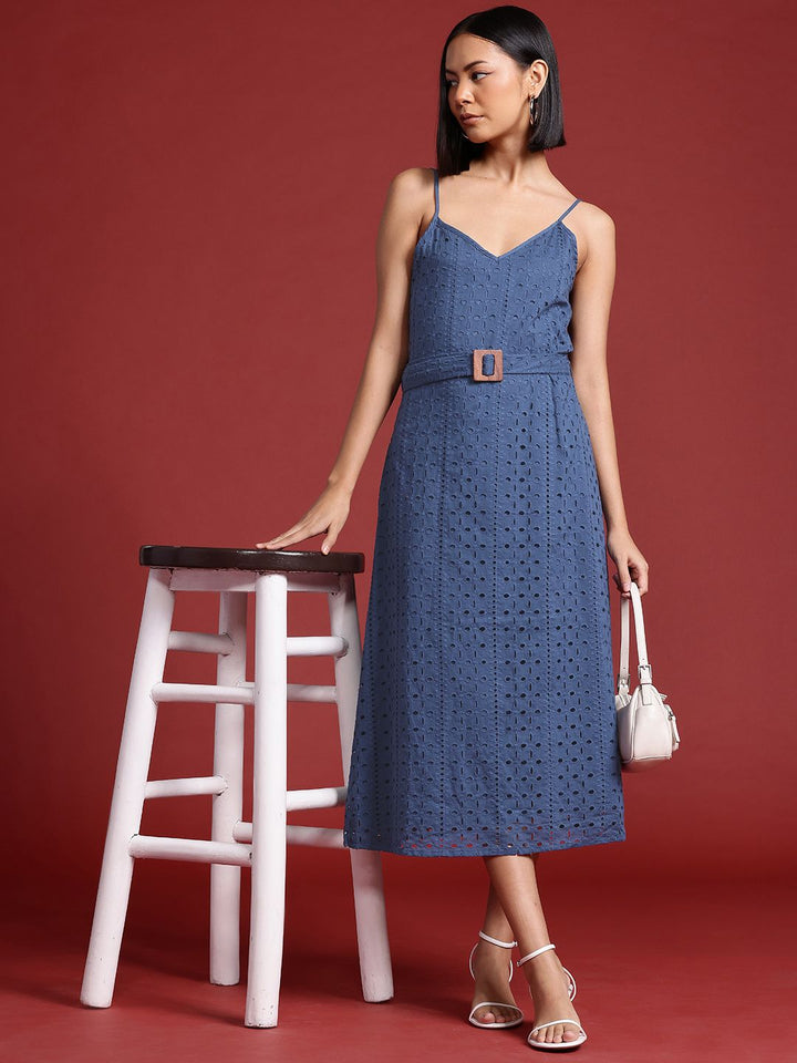 all about you Schiffli Cotton A-Line Midi Dress with Belt