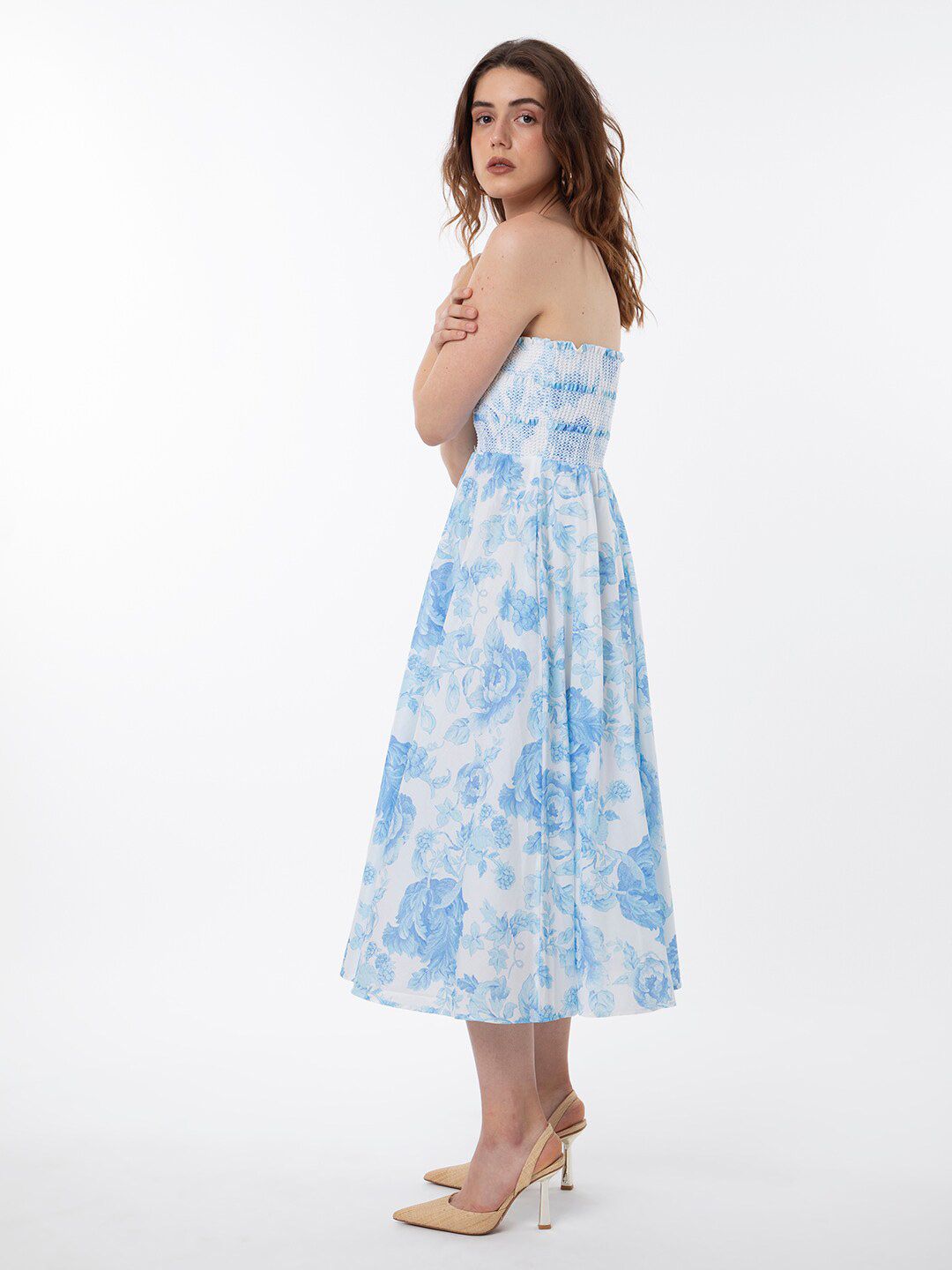 RAREISM Floral Printed Strapless Fit & Flare Midi Dress
