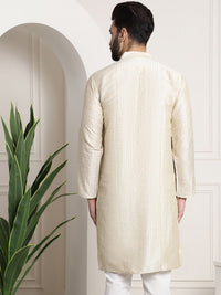 SOJANYA Men Off White & Golden Striped Straight Kurta