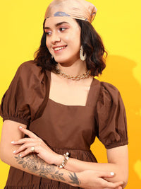 STREET 9 Square Neck Tiered Tie-Up Pure Cotton A-Line Dress