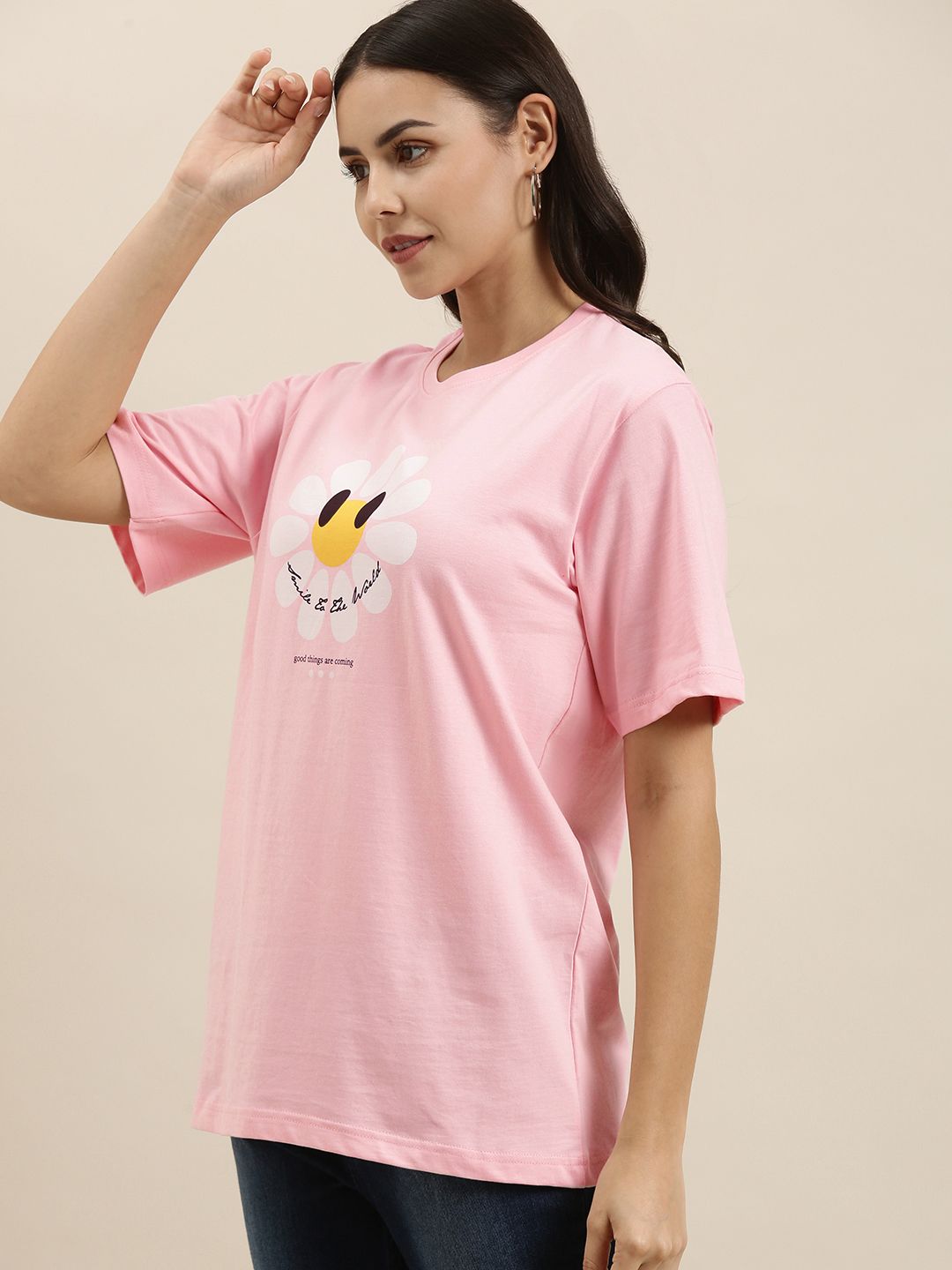 Difference of Opinion Women Pink Typography Printed Pure Cotton Oversized T-Shirt