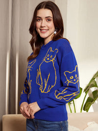Berrylush Cat Printed Acrylic Pullover Sweater