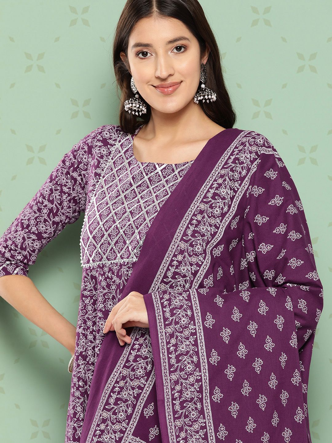 KALINI Women Ethnic Motifs Printed Empire Gotta Patti Kurta with Trousers & With Dupatta