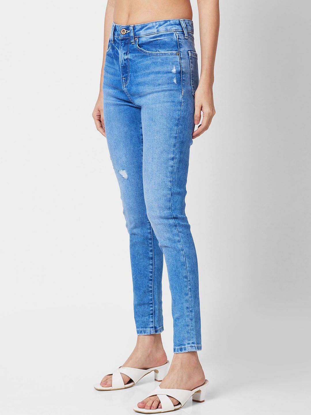 SPYKAR Women Slim Fit High-Rise Low Distress Light Fade Stretchable Jeans