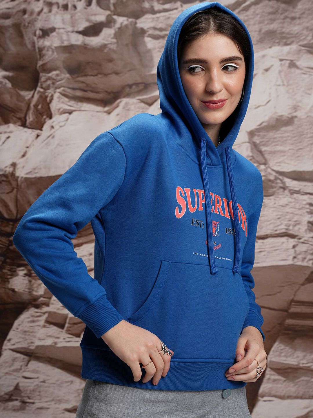 Tokyo Talkies Blue Typography Printed Hooded Relaxed Fit Sweatshirt