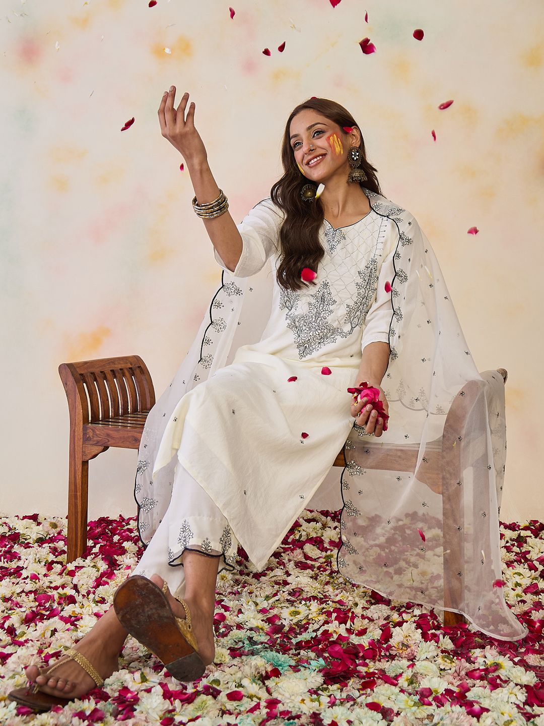 Indo Era Women Ethnic Motifs Embroidered Regular Thread Work Kurta with Trousers & With Dupatta