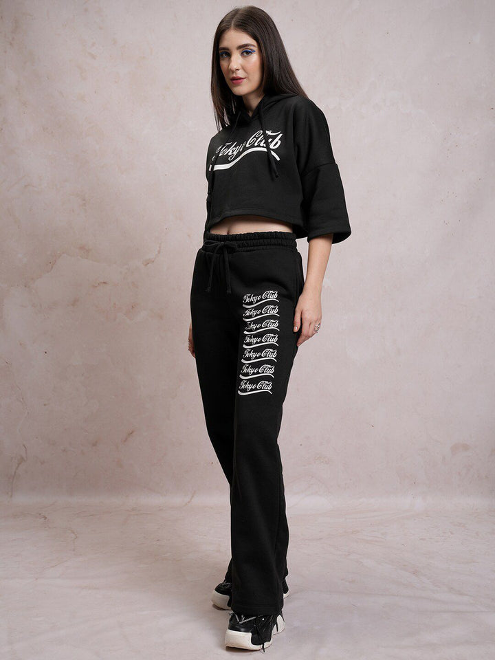Tokyo Talkies Black Typography Printed Relaxed Fit Hooded Sweatshirt & Trouser
