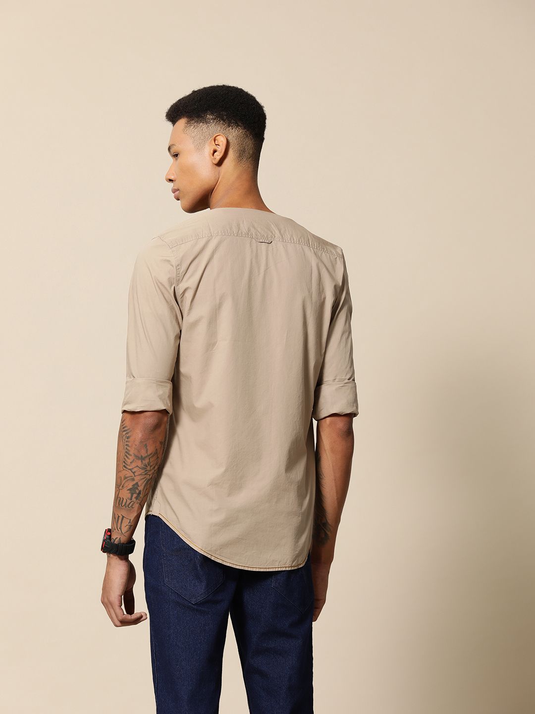 Mr Bowerbird Tailored Fit Pure Cotton Compact Poplin Crew Neck Shirt