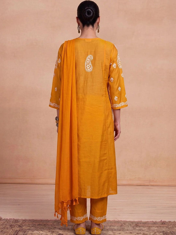 House of Chikankari Women Ethnic Motifs Embroidered Regular Thread Work Chanderi Silk Kurta with Trousers &