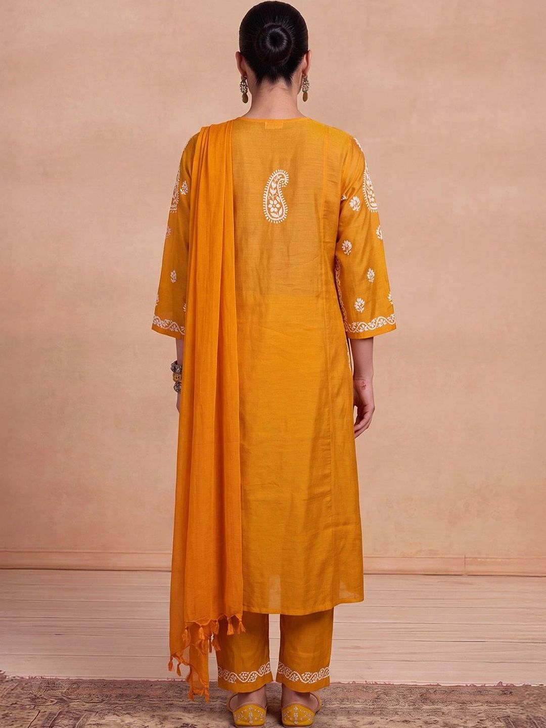 House of Chikankari Women Ethnic Motifs Embroidered Regular Thread Work Chanderi Silk Kurta with Trousers &