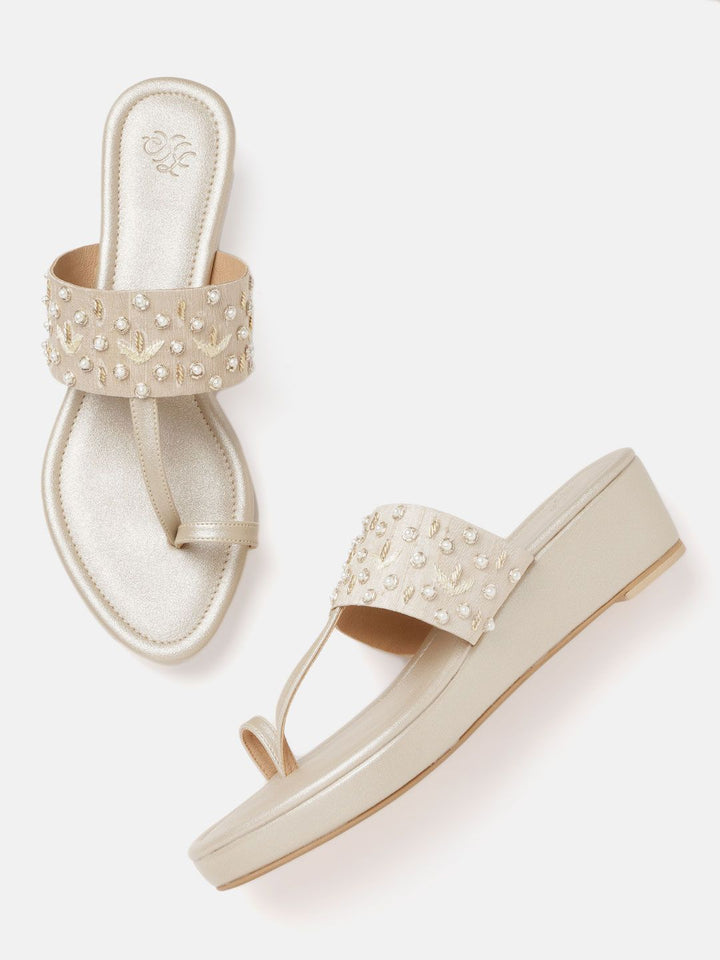 House of Pataudi Women Beige & Off-White Beaded & Embellished Handcrafted Wedges