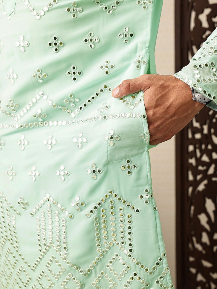 House of Pataudi Embroidered Mandarin Collar Mirror Work Jashn Kurta