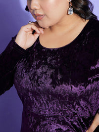SASSAFRAS Curve Purple Plus Size Long Sleeves Velvet Ruched Sheath Dress