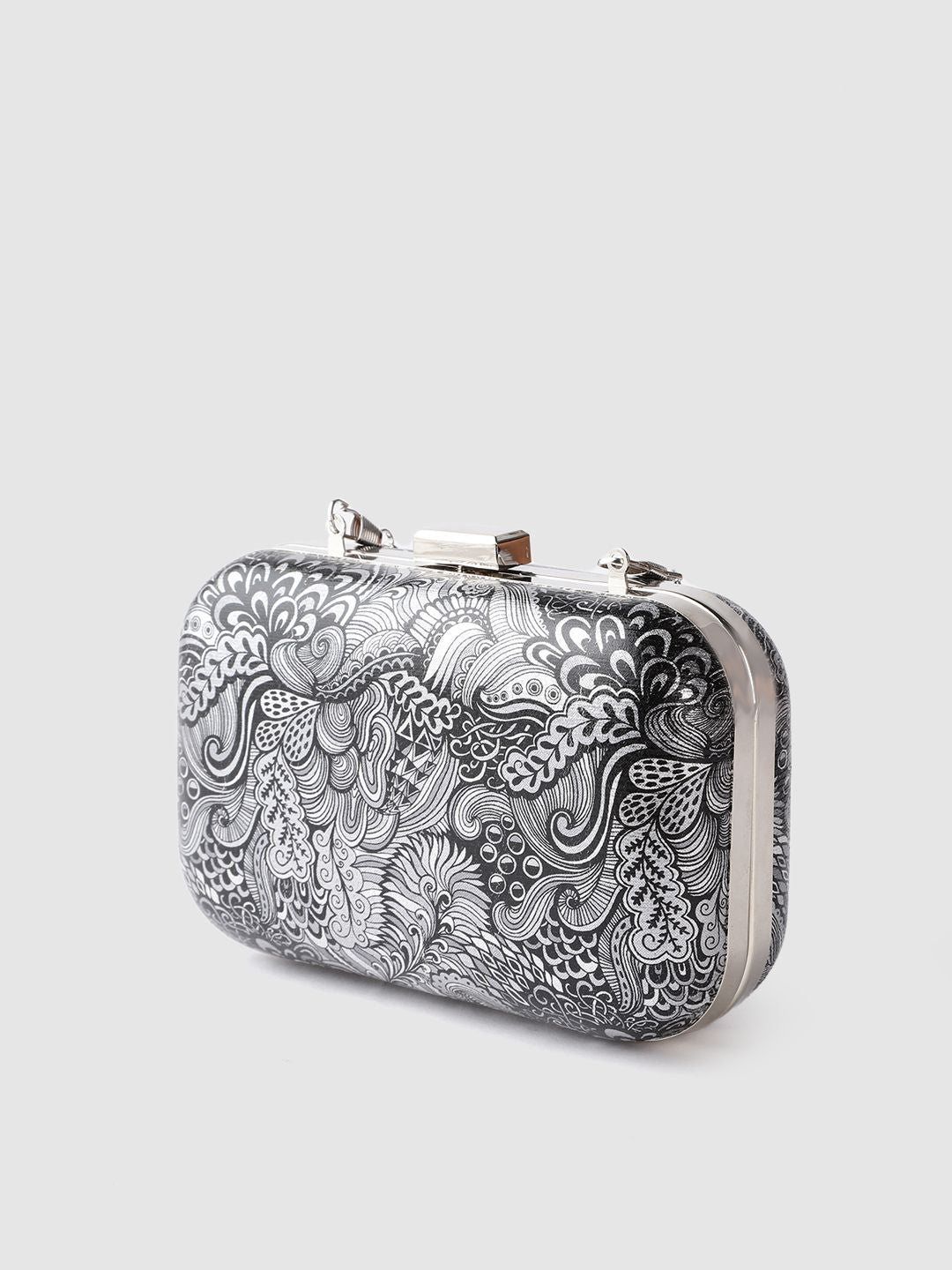 Lino Perros Black & Silver-Toned Printed Box Clutch with Detachable Sling Strap