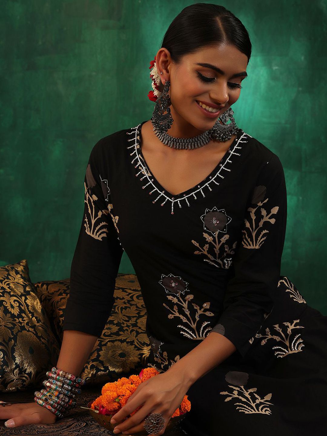 Libas Women Floral Printed Regular Beads and Stones Pure Cotton Kurta with Trousers