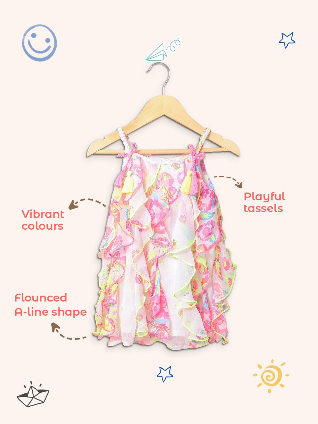 Nauti Nati Infant Girls Multicoloured Floral & Butterfly Print Ruffled A-Line Dress