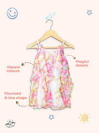 Nauti Nati Infant Girls Multicoloured Floral & Butterfly Print Ruffled A-Line Dress