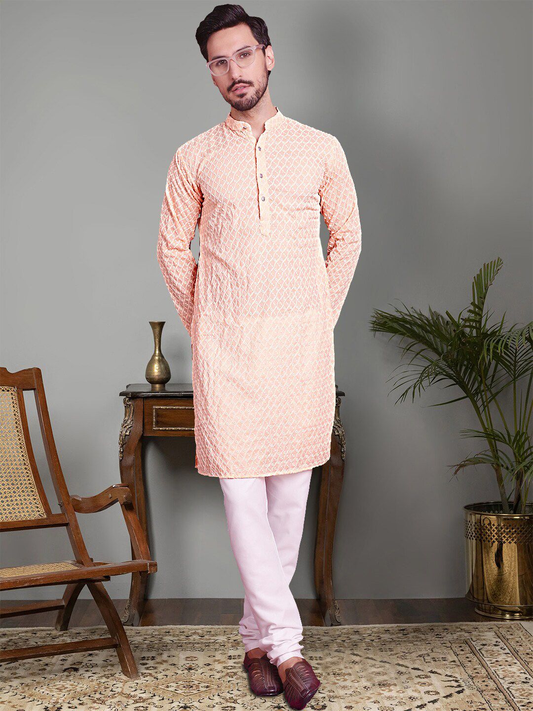Jompers Ethnic Motifs Embroidered Regular Chikankari Pure Cotton Kurta With Churidar