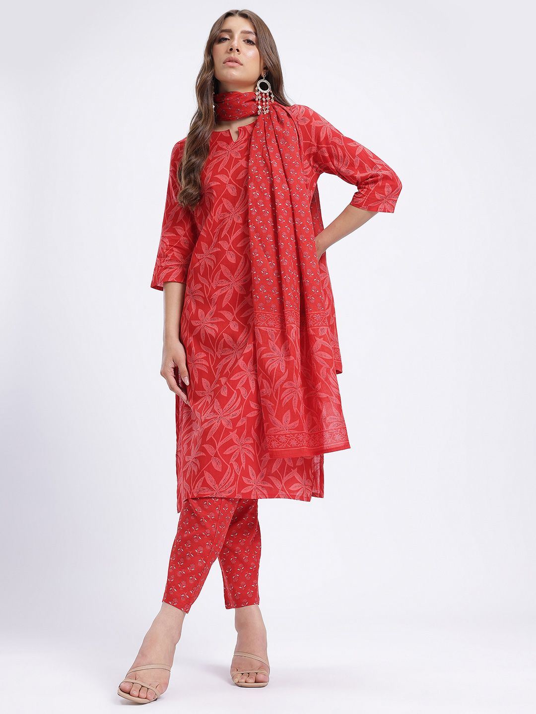 Anouk Floral Print Kurta With Trousers & With Dupatta