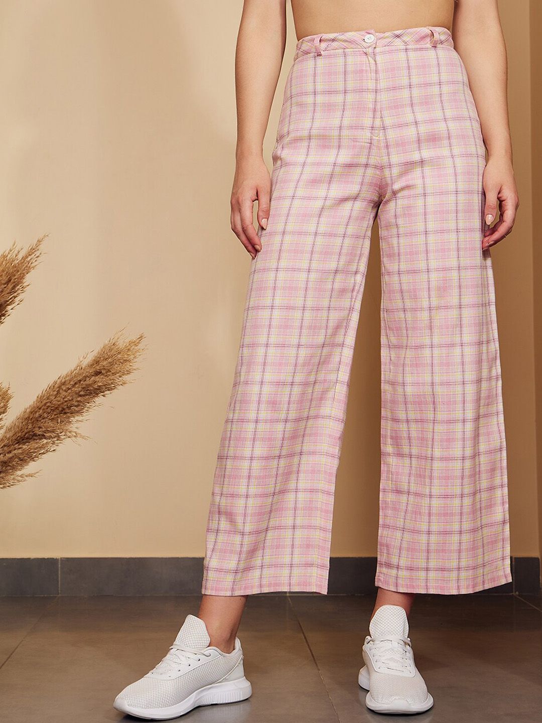 Berrylush Pink Checked Relaxed High-Rise Trousers