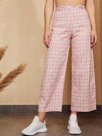 Berrylush Pink Checked Relaxed High-Rise Trousers