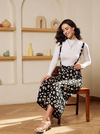 Berrylush Women Black Animal Printed Trousers with Suspenders