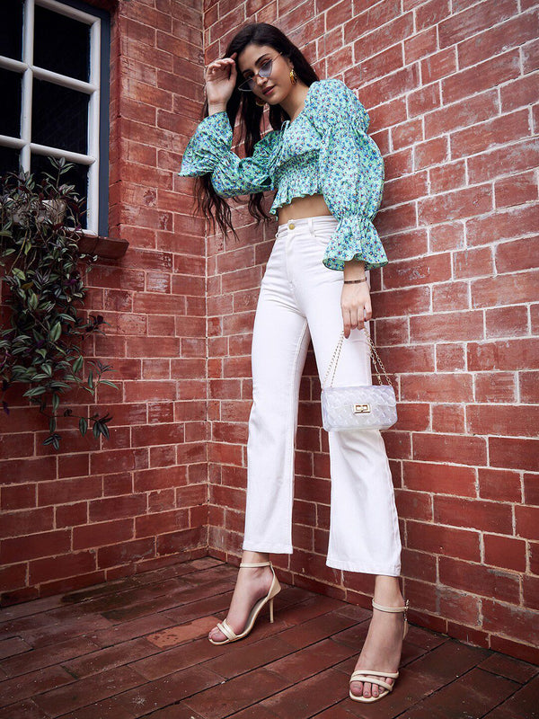 Berrylush Green Floral Printed Smocked Trumpet Sleeve Crop Top