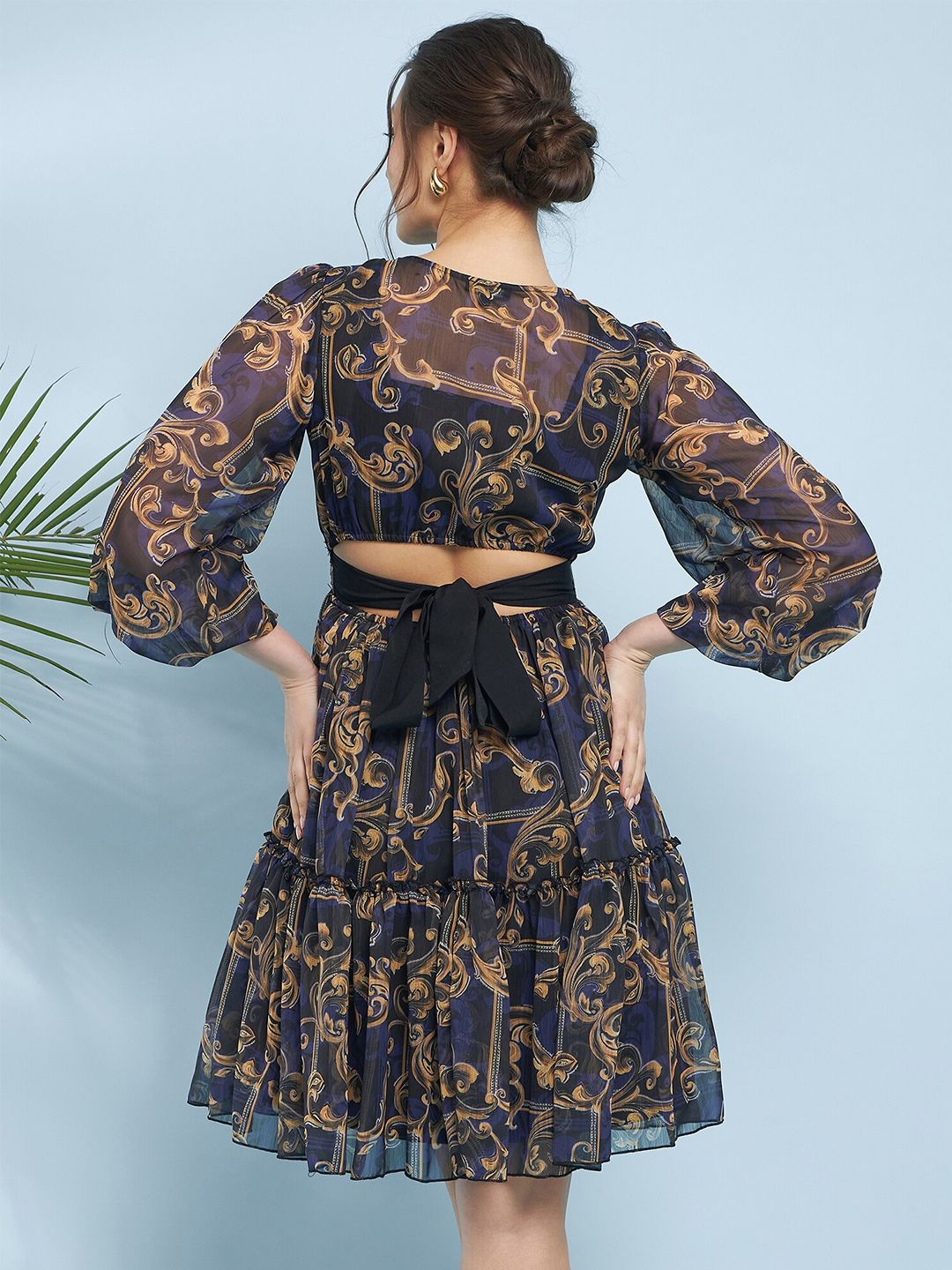 Antheaa Blue Ethnic Motifs Printed Flared Flared Sleeve V-Neck Fit & Flare Dress