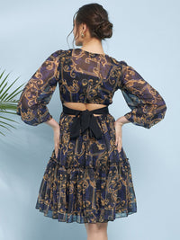 Antheaa Blue Ethnic Motifs Printed Flared Flared Sleeve V-Neck Fit & Flare Dress