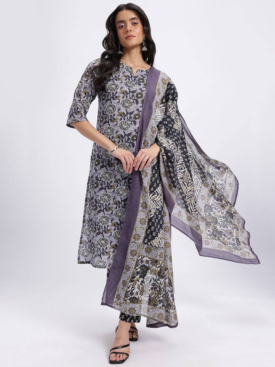 Anouk Floral Print Pure Cotton Straight Kurta with Trousers & Dupatta